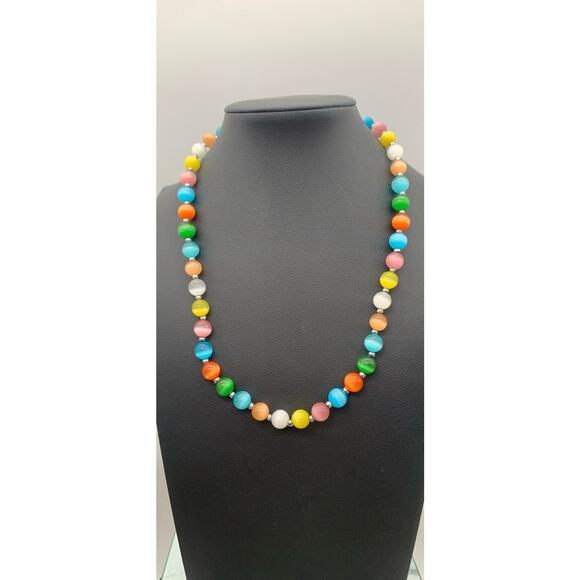 Vntg Glass Cats Eye Necklace Multicolor Pastel Beads Iridescent Collar Boho 18" - Picture 4 of 4